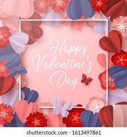 Happy valentines day paper cut style with colorful heart shape in pink background