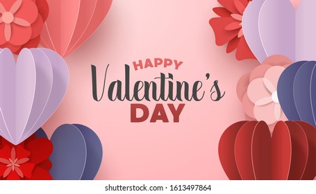 Happy valentines day paper cut style with colorful heart shape in pink background