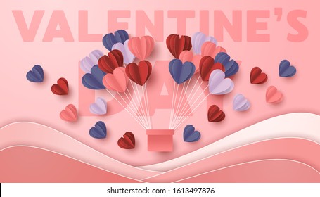 Happy valentines day paper cut style with colorful heart shape in pink background