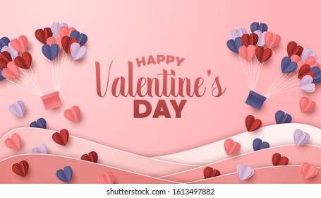 Happy valentines day paper cut style with colorful heart shape in pink background