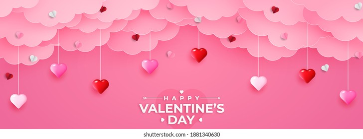 Happy Valentine's day paper cut card. Glittering hearts and clouds with place for text