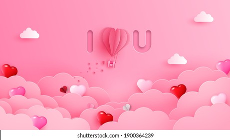 Happy Valentine's Day paper cut cards. Sparkling hearts and clouds with heart shaped hot air balloons