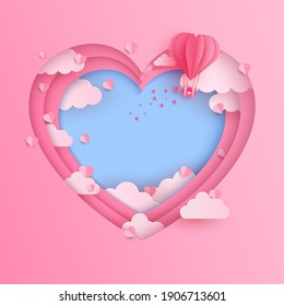 Happy Valentine's Day paper cut cards. Sparkling hearts and clouds with heart shaped hot air balloons