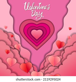 Happy Valentine's day paper cut craft design banner, red pink hearts and clouds. Background template for greeting card, invitation, vector