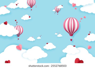 Happy Valentine's day in paper cut 3d style. Pink and blue Valentine card. Cute Valentine with balloons, clouds and hearts. Lovely wallpaper, background, poster, postcard, special gift, banner, frame.