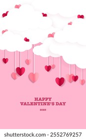 Happy Valentine's day in paper cut style. Pink Valentine card. Valentine background with flowers, clouds and hearts. Illustration, graphic design, banner, poster, postcard, gift, wallpaper, cute frame