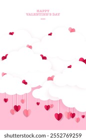 Feliz día de San Valentín en estilo de corte de papel. Tarjeta rosa de San Valentín. Fondo de San Valentín con flores, nubes y corazones. Ilustración, Diseño gráfico, Anuncio, cartel, postal, regalo, Fondo de pantalla, marco lindo