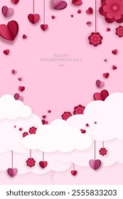 Happy Valentine's day in paper cut 3d style. Pink and blue Valentine card. Cute Valentine with presents, flower, clouds and hearts. Lovely wallpaper, background, poster, postcard, special gift,banner.