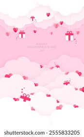 Happy Valentine's day in paper cut 3d style. Pink and blue Valentine card. Cute Valentine with presents, flower, clouds and hearts. Lovely wallpaper, background, poster, postcard, special gift,banner.