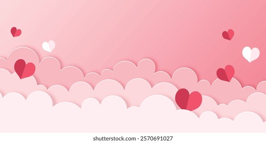 Happy Valentines day paper cut clouds banner template design with empty space background