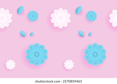 Happy Valentine's day in paper cut style. Pink Valentine card. Valentine background with flowers, sakura and leaves. Illustration, graphic design, banner, poster, postcard, gift, wallpaper, cute frame
