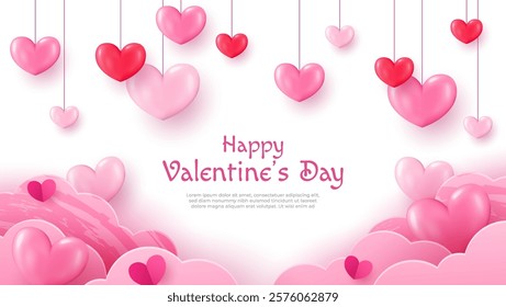 Happy Valentine's day paper cut card. Glittering hearts and clouds with place for text