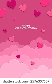 Happy Valentine's day in paper cut style. Pink Valentine card. Valentine background with loves, clouds and hearts. Illustration, graphic design, banner, poster, postcard, gift, wallpaper, cute frame