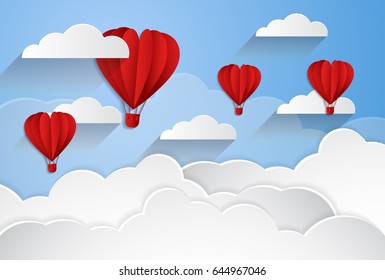 happy valentines day, paper cut style,balloon flying and hearts decorations