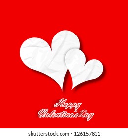 Happy Valentines Day paper hearts on red background.