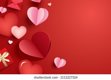 Happy valentines day with paper hearts and copy space on red background.