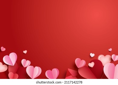 Happy valentines day with paper hearts and copy space on red background.