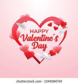 Happy Valentine's Day with paper plane Vector Illustration. Pink and Red Love.