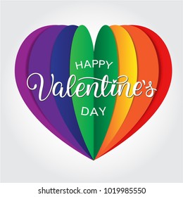 Happy Valentines Day with paper rainbow heart. Vector Lettering design.