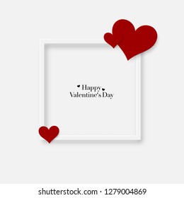Happy Valentines Day with paper red heart and white frame on white background. Vector illustration. Wallpaper, invitation, posters and festive banner.