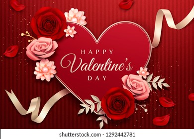 Happy Valentine's Day with paper roses and heart shaped card on red striped background