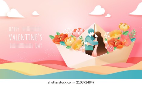 Happy Valentine's Day paperart background design. Young couple embracing each other on a paper boat. Romantic journey concept.