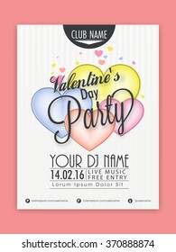 Happy Valentine's Day Party celebration Flyer, Banner or Pamphlet with colorful hearts.