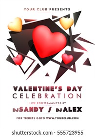 Happy Valentine's Day Party Celebration Flyer, Banner, Pamphlet or Invitation with glossy Hearts.