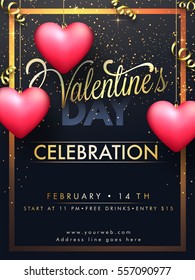 Happy Valentine's Day Party celebration Template, Banner, Flyer or Invitation Card design with glossy hearts decoration.