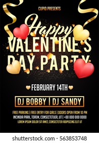 Happy Valentine's Day Party celebration Template, Banner, Flyer or Invitation Card design with Golden Ribbons and Hearts decoration.