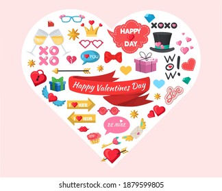 Happy Valentines Day party decoration, celebration accessories, stickers, flat vector illustration. Heart shape composition of Valentines Day photo booth props.