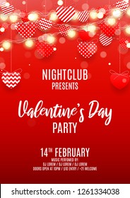 Happy Valentine's Day party flyer. Vector illustration with red paper garlands and glowing garlands with hearts. Holiday greeting banner. Invitation to nightclub.