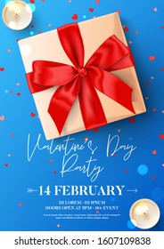 Happy Valentine's Day party flyer. Vector illustration with realistic gift box, candles and confetti on blue background. Invitation to nightclub.