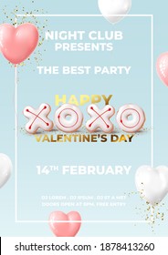 Happy Valentine's Day party flyer. Holiday background with realistic XO cookies, balloons and golden confetti. Vector illustration with 3d objects for Valentine's Day. Invitation to nightclub.