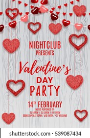 Happy Valentine's Day party flyer. Romantic composition with garlands from paper. Beautiful backdrop with heart from threads on wooden texture. Vector illustration. Invitation to nightclub.