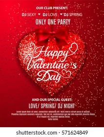 Happy Valentines Day Party Flyer with a des glitter heart and a bow. Vector illustration EPS10