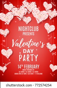 Happy Valentine's Day Party Flyer. Beautiful Background with Realistic Candy Hearts. Vector Illustration. Invitation to Nightclub.