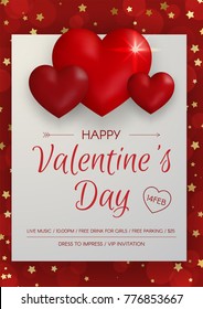 Happy Valentine's Day Party Flyer. Beautiful Background with Realistic Hearts. Vector Illustration. Invitation to Nightclub.
