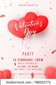 Happy Valentine's Day Party Flyer. Beautiful Background with Realistic Air Balloons in the Shape of Heart. Vector Illustration with Confetti. Invitation to Nightclub.