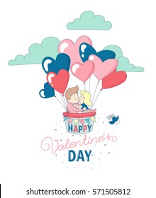 Happy Valentine's Day party greeting card invitation funny boy and girl characters couple in love flying with hot air heart balloons. Line flat design kid's style. Vector illustration.