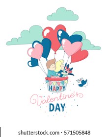 Happy Valentine's Day party greeting card invitation funny boy and girl characters couple in love flying with hot air heart balloons. Line flat design kid's style. Vector illustration.