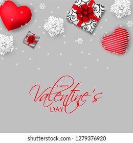 Happy Valentines Day party invitation with red hearts gift box background