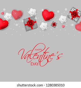 Happy Valentines Day party invitation with red hearts gift box background