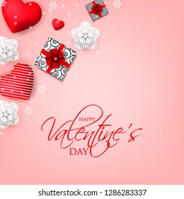 Happy Valentines Day party invitation with red hearts gift box on pink background