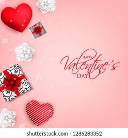 Happy Valentines Day party invitation with red hearts gift box on pink background