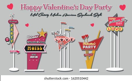 Happy Valentine's Day Party Invitation Stickers Mid Century Modern American Roadside Signboards Style 