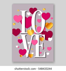 Happy Valentines Day Party Invitation Card Flyer with red, gold and pink hearts
