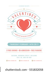 Happy Valentine's Day Party Invitation or Poster Vector illustration. Retro typography design. Heart shape love symbol and elements, flyer template.