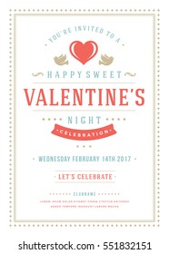 Happy Valentine's Day Party Invitation or Poster Vector illustration. Retro typography design. Heart shape love symbol and elements, flyer template.