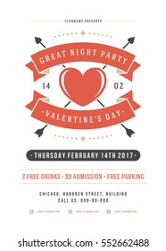 Happy Valentines Day Party Invitation or Poster Vector illustration. Retro typography design. Heart shape love symbol and elements, flyer template.